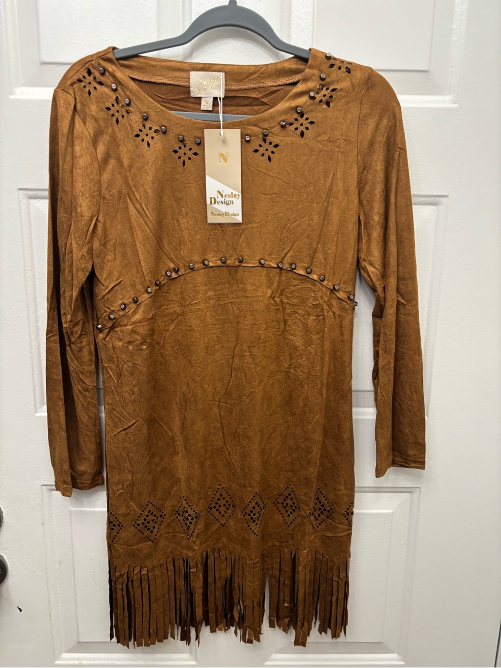 Neslay Design  Faux Suede Fringe Long Sleeve Dress Studded Western Boho